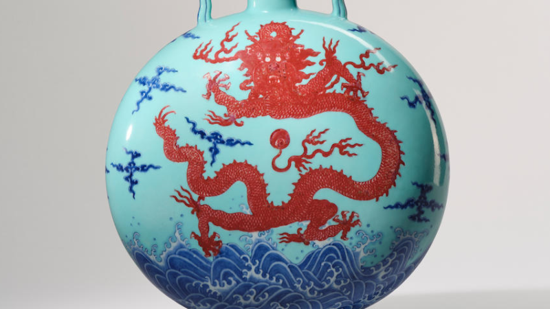 magnificent and rare Imperial turquoise-ground underglaze-blue and copper-red 'dragon' moonflask, bianhu